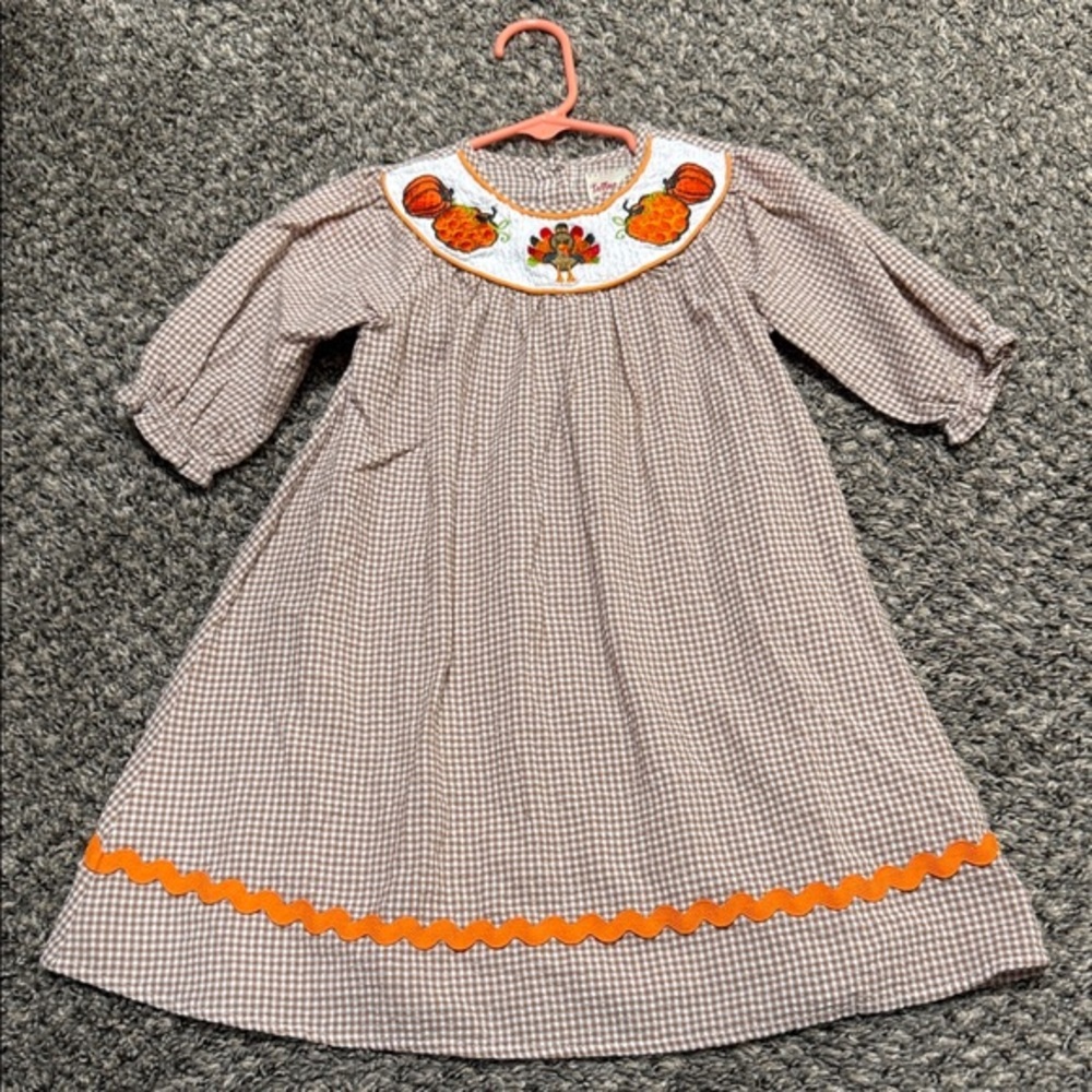 Brown Gingham Dress with Pumpkin Embroidery 2t